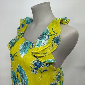 Zara Basic Yellow Blue Floral Ruffle Criss Cross Lined Top Sleeveless Size M